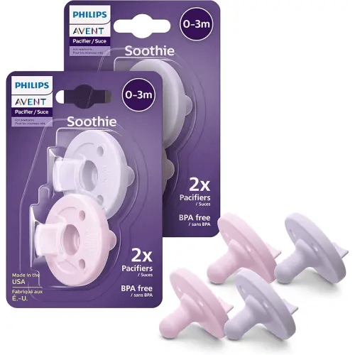 Philips Avent Soothie Orthodontic Baby Pacifiers, 100% Silicone Pacifiers, One Piece, BPA-Free, for Babies 0-3 Months, 2 Lilac and 2 Pink, 4 Pack, Model SCF190/70