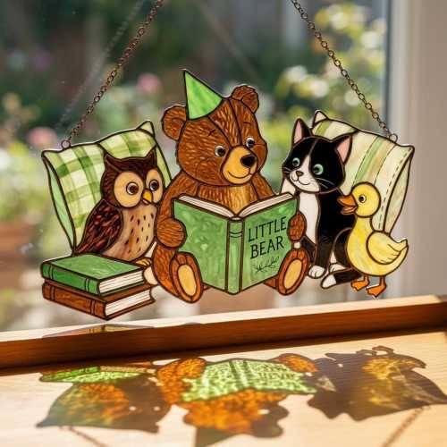 The Little Bear Resin Suncatcher, Book Lovers Window Hanging, Cute Animal Friends Nursery Decor, Bear Duck Owl Hen, Kids Room Gift Idea