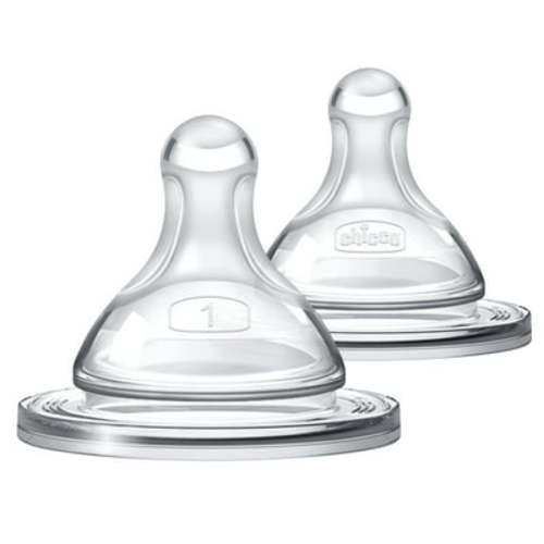 Chicco Duo 100% Silicone Intui-Latch Baby Bottle Nipple with Anti-Colic Valve, Skin-Like Texture and Breast-Like Flow, Stage 1 - Slow Flow, 2pk, 0+ Months - Clear, New