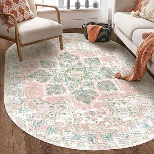 Vhong Washable Boho Area Rugs Vintage Modern High Traffic Carpet Dusty Pink and Green 4×6 Oval Non Slip Rugs for Dinning Room Living Room Bedroom Farmhouse