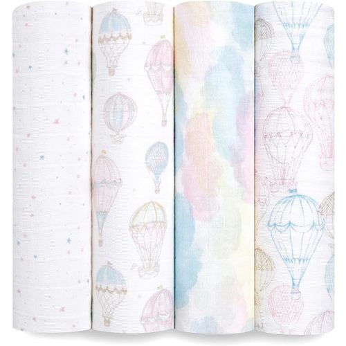 aden + anais Boutique Organic Swaddle Blanket 4-Pack – 100% Organic Cotton Muslin, Large, Soft, Breathable Receiving Blankets for Infants – Lightweight Multi-Use Baby Swaddles, Above The Clouds