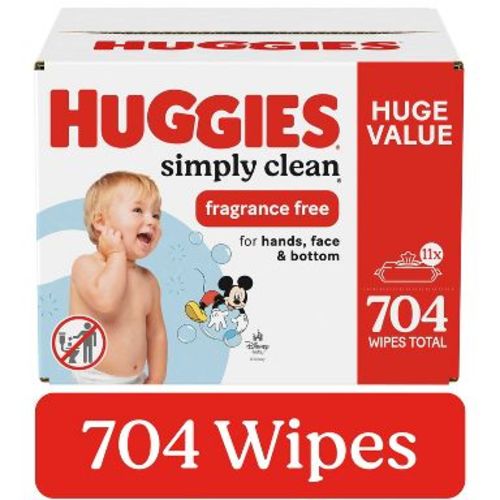 Huggies Simply Clean Unscented Baby Wipes - 704ct - 11pk: Cotton, Hypoallergenic, Paraben-Free, Diaper Area