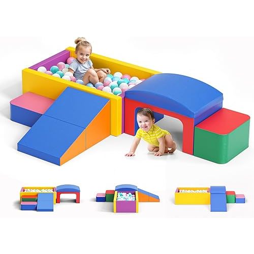 Lischwert Foam Climbing Blocks for Toddlers, Soft Play Ball Pit, Baby Climbing Blocks Soft Play Climbing for Toddlers with Foldable Block and Tunnel Indoor Climbing Toys for Toddler 1-3