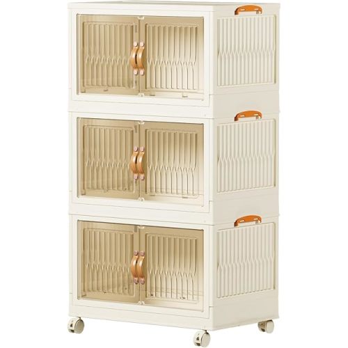 Stackable Storage Bins 60 Qt, Folding Storage Box with Lids and Doors, Open Front Folding Storage Bins with Wheels Large Plastic Storage Container Closet Organizers (3 Tier)