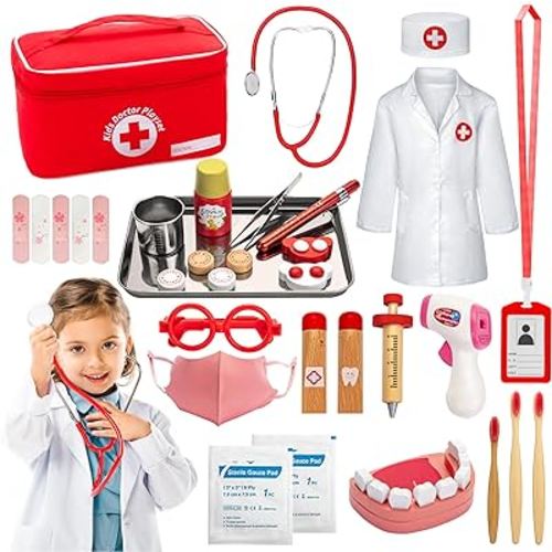 Doctor Kit for Toddlers 3-5, 34 Pcs Preschool Pretend Play Medical Kit with Doctor Costume, Stethoscope & Other Woode Accessories, Dentist Kit for Kids, Toys for Girls Fun Role Playing Game