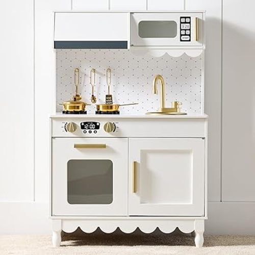 Best Choice Products Wooden Pretend Play Cottage Kitchen Kids Toy w/Storage, Scalloped Edge, 5 Accessories, Microwave, Oven, Clicking Knobs - White