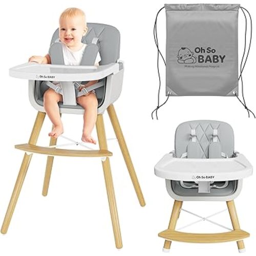 4-in-1 Wooden High Chair – Baby High Chair, 3-Position Tray, 5-Point Safety Harness, & Storage Bag. Multifunctional Chair Ideal for Feeding Babies and Toddlers (6M-3Y).
