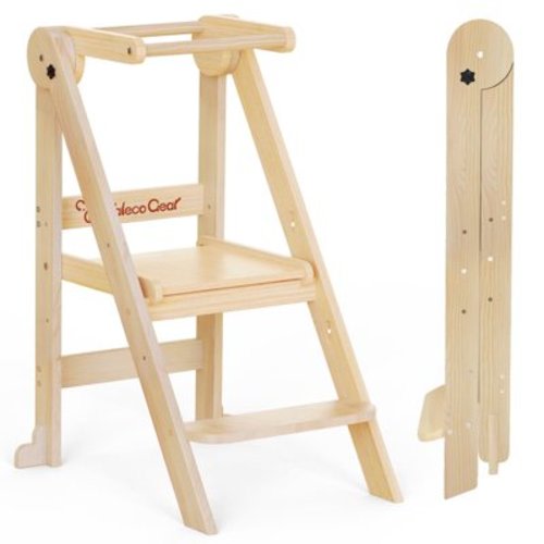 G TALECO GEAR Foldable Toddler Tower, Wooden Step Stool for Bathroom, Toddler Kitchen Stool Helper, 3 Adjustable Heights, Nature
