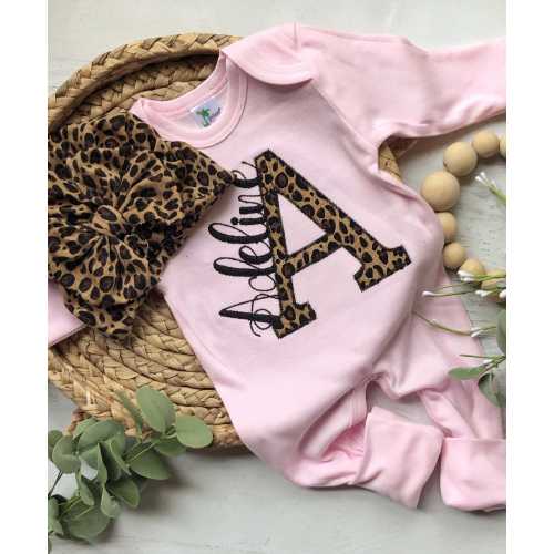 Personalized pink leopard footie and turban set, custom girl coming home outfit with fold over footies, baby shower gift, pink and cheetah