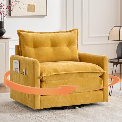 cinkehome Oversized Swivel Chair, 36" Swivel Armchair Accent Chair for Living Room, Mid Century Modern Thick Padded Arm Chairs, Memory Foam, Chenille, Mustard Yellow