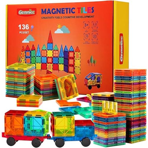 Gemmicc Magnetic Tiles, Deluxe 136 PCS Building Blocks Magnet Toys for Kids,3D Magnet Puzzles Stacking Blocks for Boys Girls,Huge Set with 2 Cars