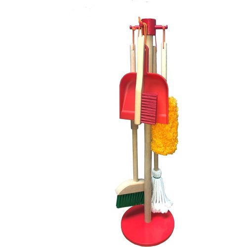 JustForKids Wooden Detachable Kids Cleaning Set - Duster, Brush, Mop, Broom and Hanging Stand Play - Housekeeping Kit - STEM Toys for Toddlers Girls & Boys, Total 6 Pieces,Multi Color,10071