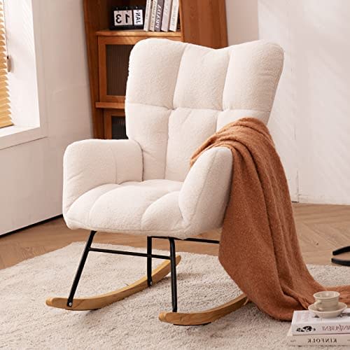Nursery Rocking Chair Teddy Fabric Padded Seat with High Backrest and Armrest