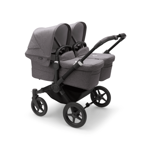 Bugaboo Donkey 5 Twin bassinet and seat stroller black base, grey mélange fabrics, grey mélange sun canopy