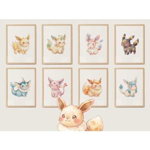 Baby Eeveelutions Nursery Wall Art Set, 9 Cute Watercolor Prints, Digital Download For Baby Room And Kids Room