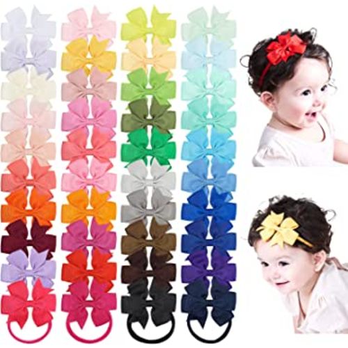 jollybows 40pcs Baby Girls Grosgrain Ribbon Hair Bows Headbands 3" Hair Band Hair Accessories for Infants Newborn Toddler