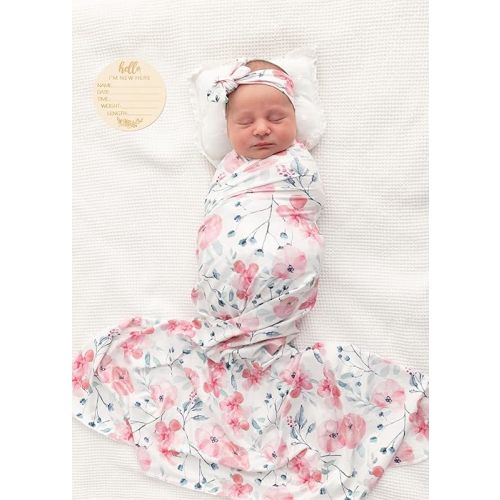 Baby Girls Swaddle and Headband Beanie Set Newborn Receiving Blankets with a Name Card (Pink and Ink)