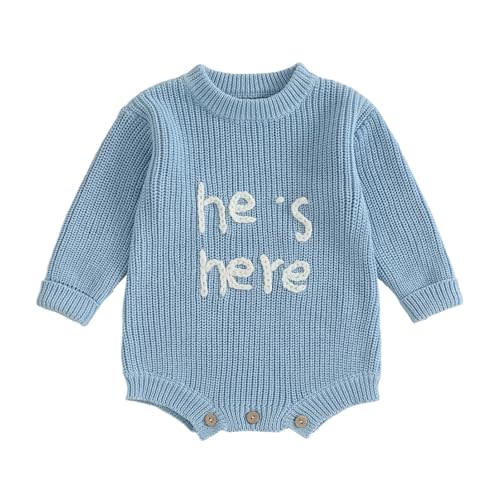 Newborn Boy Clothes He's Here Embroidered Baby Romper Oversized Long Sleeve Bodysuit Birth Announcement Outfit