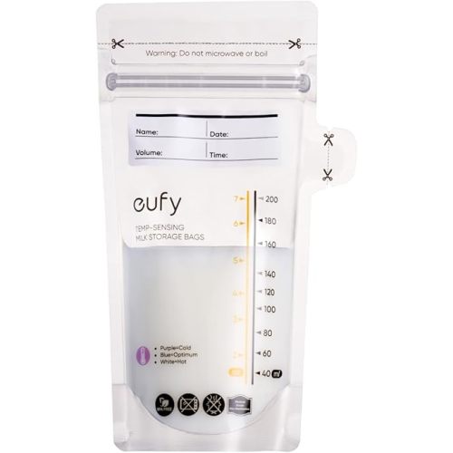 eufy Breast Milk Storage Bag with Temperature Sensing Color Change, Milk Storing Bags for Breastfeeding, 7 oz Disposable Storage Bags, Self-Standing, Leakproof Milk Freeze Storage Pouches (120 Pieces)