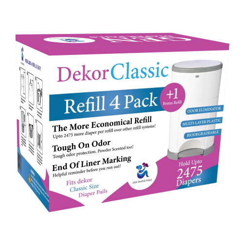 Dekor Classic Diaper Pail Refill, 5 Refill Liners, 30% Thicker, Leak-Proof, Powder Scent