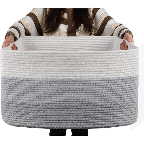 OIAHOMY Large Blanket Basket, Rectangle Woven Baskets for Storage, Nursery Blanket Basket Living Room, Toy Basket With Handle, Large Baskets for Organizing-22”x17”x12”-Gradient Grey