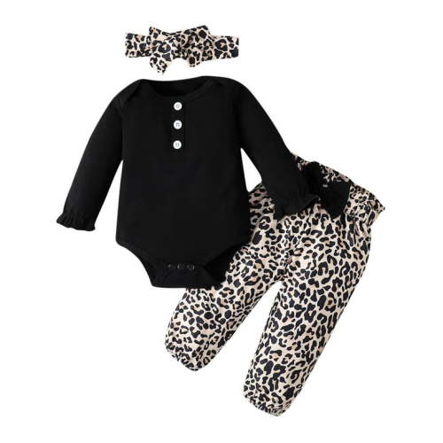 Enjoytime 3Pcs Spring Fall Bodysuit for Baby Girl Leopard Print Long Sleeve Newborn Baby Jumpsuit Outfits Casual Romper Pajama Sets Baby Clothes 0-2Y on Clearance