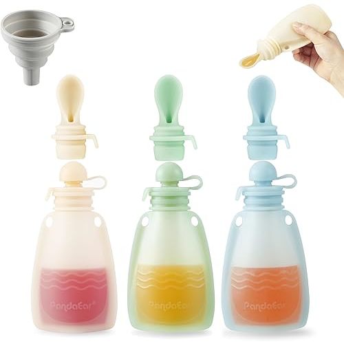 PandaEar 3 Pack Silicone Baby Food Pouches, Reusable Squeeze Pouches for Toddler with 3 Silicone Puree Feeder Spoon, BPA-Free Silicone Refillable Infant Food Storage, 5.5 oz (Beige&Blue&Green)