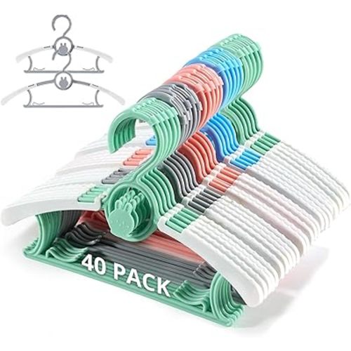 Baby Hangers for Closet Adjustable Kids Hangers 40 Pack 11"-14" Baby Hangeres in Mixed Colors for Kids' Closet, Children Non-Slip and Extendable Clothes Hangeres for Nursery Infant Toddler