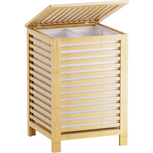SMIBUY Double Laundry Hamper with Lid, 120L Bamboo Laundry Basket with Removable Liner Bag, 2-Section Clothes Divider Laundry Sorter for Laundry Room, Bathroom, Bedroom (Natural)