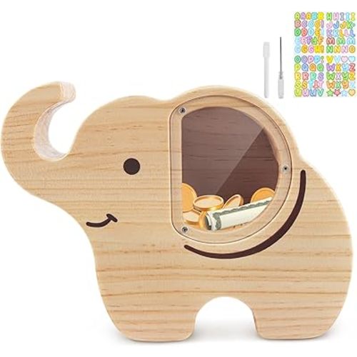 Elephant Piggy Bank for Kids, Wooden Money Bank for Boys Girls Toddler, Unbreakable Bills and Coins Cash Box, Creative Saving Money Jar Personalized Present for Child Birthday & Decor