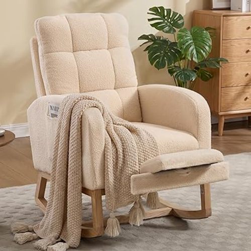 Nursery Rocking Chair, Polyester Upholstered Glider Chair with Footrest, Comfy Rocker Chair, Accent Chair with High Backrest, Glider Rocker, Armchair for Living Room (Beige Teddy)
