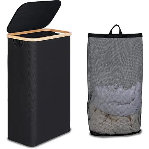 Slim Laundry Basket with Lid, Narrow Laundry Hamper with Removable Bag, Skinny Dirty Clothes Basket with Bamboo Handles for Bathroom, Bedroom & Laundry Room, 75L Black
