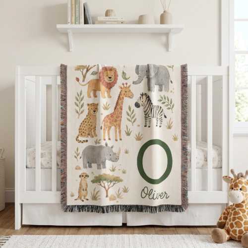 Personalized Safari Animal Woven Baby Blanket, Cotton Jacquard Nursery Throw