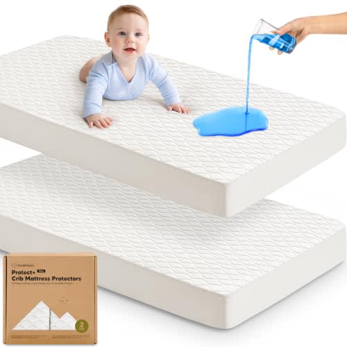 2pk Waterproof Crib Mattress Protector Cover Fitted 52x28 (Soft White/Mavy) | Soft Quilted Cotton Crib Mattress Pad Cover, Quiet Waterproof Crib Sheets, Machine Washable, Easy Fit, Durable Baby Sheets