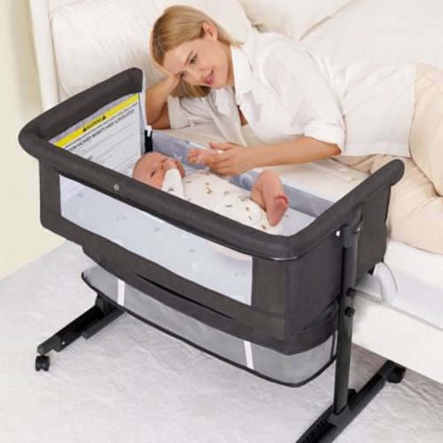 kmaier Baby Bassinet Bedside Crib Foldable Portable with Adjustable Height, Wheels and Storage Basket,Dark Gray