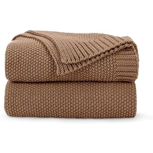 CozeCube Caramel Brown Throw Blanket for Couch, Soft Cozy Cable Knit Throw Blanket for Bed Sofa Living Room, Lightweight Warm Farmhouse Christmas Knitted Throw Blanket, 50"x60", Light Brown