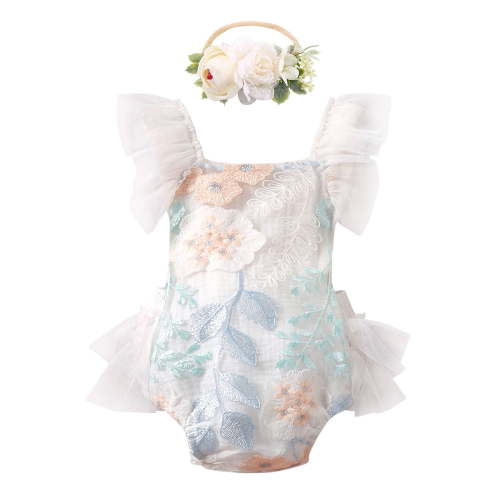 IBTOM CASTLE Baby Girls Lace Bodysuit Boho Clothes 1st Birthday Cake Smash Outfit Newborn Photography Outfits Summer Sunsuit 12-18 Months White Floral Embroidery