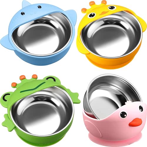 Nuogo 4 Packs 304 Stainless Steel Baby Bowls with Silicone Sleeve Kids Toddler Food Bowls with Suction Anti Slip Cute Animal safe Design for Baby Feeding Soup Noodle Pasta Snack