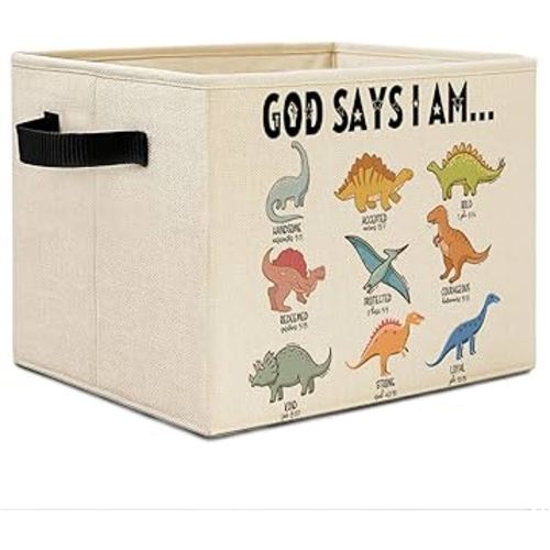 Inspirational God Says I Am Dinosaurs Storage Bins,Kids Christian Dinosaurs Bible Verse Storage Basket Organizer for Kids Girls Bedroom Bathroom Clothes Toys Books, Toybox for Girls