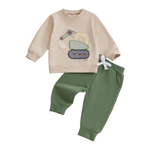FOCUSNORM Toddler Baby Boy Fall Winter Outfit Excavator Embroidered Long Sleeve Sweatshirt Elastic Jogger Pant 2 Pcs Clothes