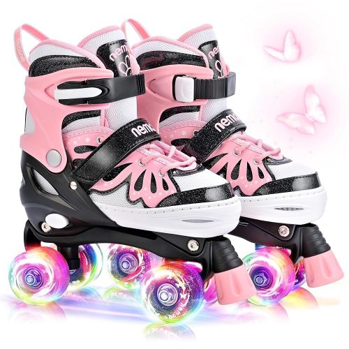 NEMONE 4 Size Adjustable Light up Roller Skates for Girls, Butterfly Roller Skates for Kids Ages 4-6 5-8 6-12 8-12, Todder Beginner Skates Indoor Outdoor