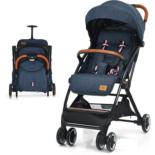 BABY JOY Lightweight Baby Stroller, Compact Toddler Travel Stroller for Airplane, Infant Stroller w/ 5-Point Harness, Adjustable Backrest/Footrest/Canopy, Storage Basket, Easy One-Hand Fold, Blue