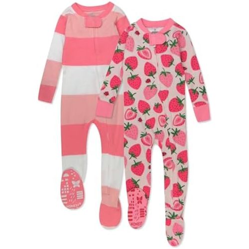 HonestBaby 2-Pack Non-Slip Footed Pajamas One-Piece Sleeper Jumpsuit Zip-Front Pjs 100% Organic Cotton for Baby Girls
