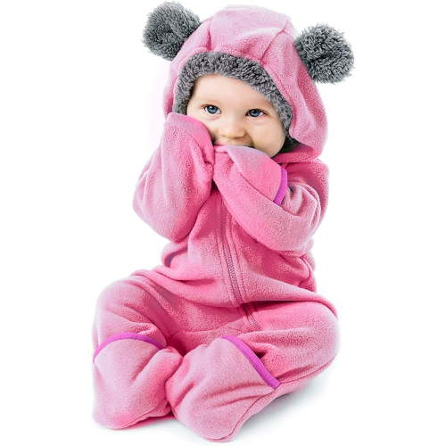 Cuddle Club One Piece Romper Hooded Fleece Onesie Jumper for Baby, Bear Pink 12-18 Mos