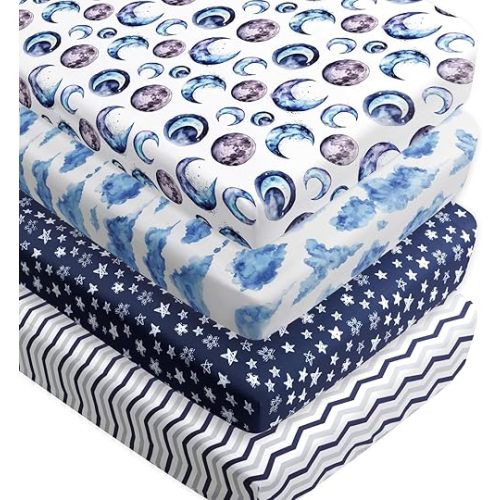 4 Pack Crib Sheets for Baby Boys Neutral Unisex Fitted Breathable Baby Crib Mattress Sheets for Standard Crib and Toddler Mattresses (Sky)