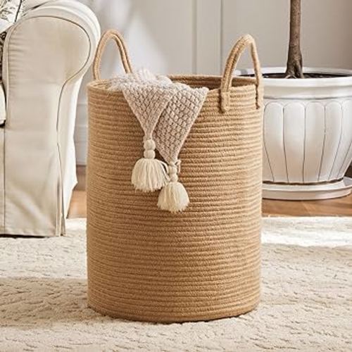 Woven Jute Laundry Hamper, 58L Tall Storage Basket for Blanket, Large Boho Dirty Clothes Hamper Bin for Girls Kids Baby Nursery in Living Room - Brown