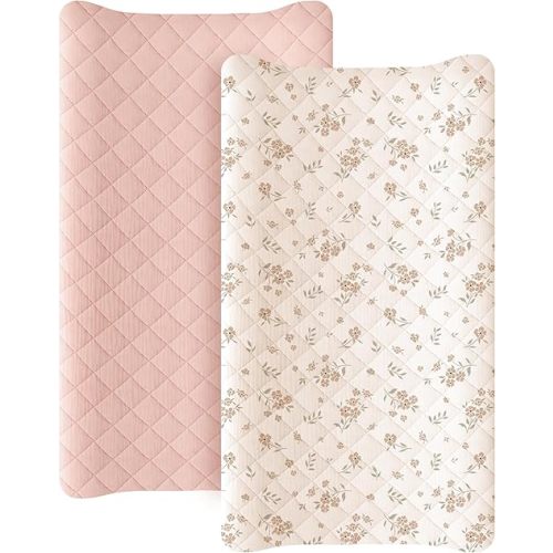 Konssy Waterproof Muslin Changing Pad Cover 2 Pack, Quilted Cotton Fitted Diaper Changing Table Cover, Soft Changing Pad Sheets for Girls Boys (Blossom,Pink)