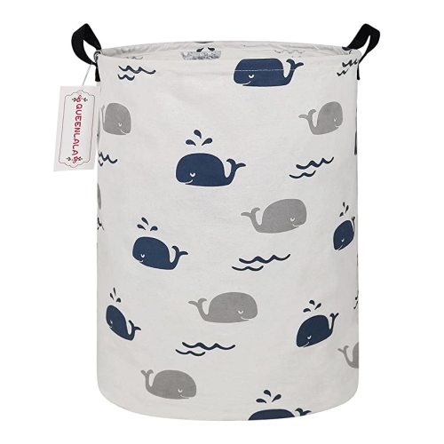 QUEENLALA Large Storage Basket,Laundry Hamper/Bathroom/Home Decor/Collapsible Round Storage Bin,Boys and Girls Hamper/Boxes/Clothing(Round-Blue Cute Whale)