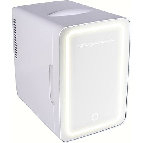 FRIGIDAIRE Mini Personal Fridge Cooler, LED Lighted Mirror, 6.5L Capacity, Chills 9 Cans, or Makeup and Skincare, Portable & Compact