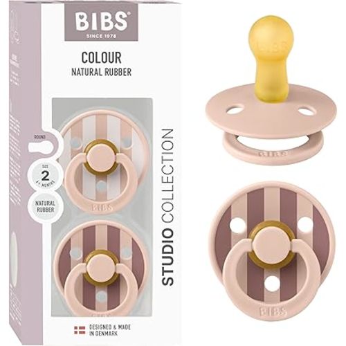 BIBS Pacifiers - Colour Studio 2 Pack | Round Nipple Baby Pacifier | BPA Free Natural Rubber Latex Soother | Made in Denmark | Size 6+ Months | Block Blush